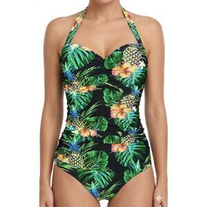 Cocoship Green Black Pineapple Palm Tropical One Piece Halter Bathing Suit Sz 8